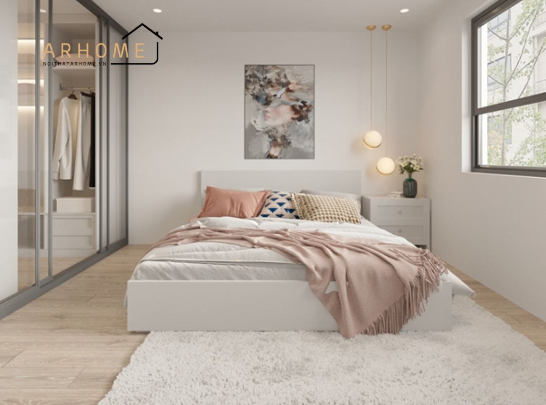 Giường ngủ bằng gỗ công nghiệp tone màu trắng sáng 