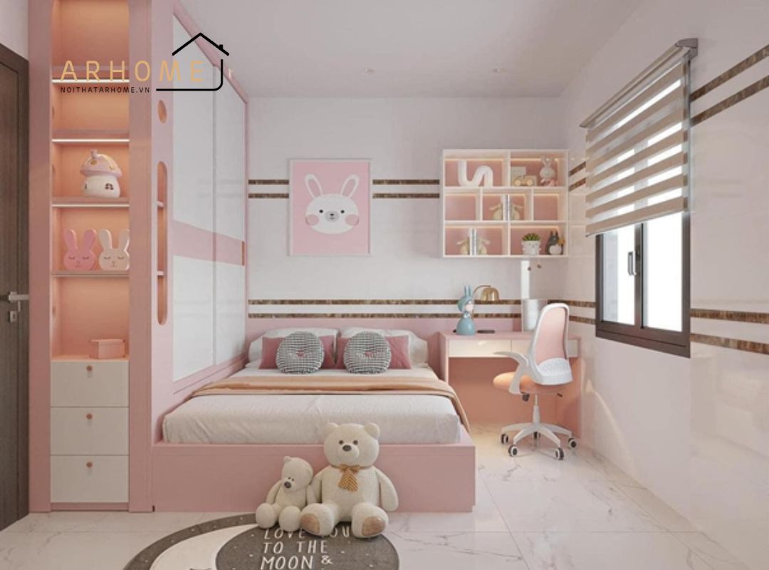 Phòng ngủ cho bé gái màu hồng hiện đại đầy đủ công năng 