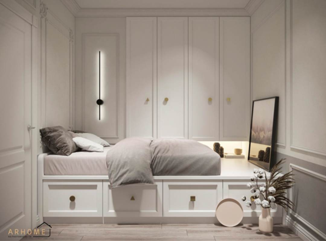Giường ngủ có ngăn kéo gỗ công nghiệp thiết kế đương đại
