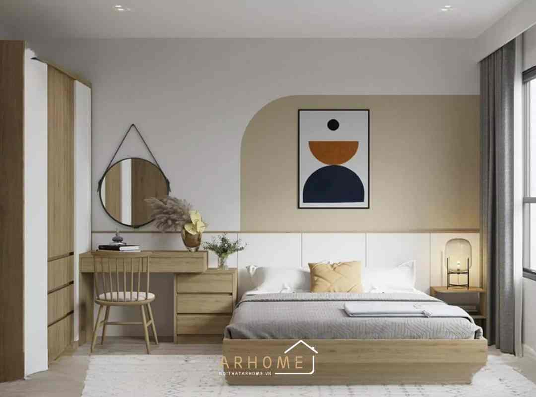 Giường ngủ gỗ melamine thiết kế hiện đại phối màu vân gỗ 