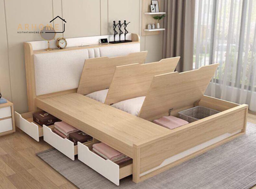 Mẫu giường ngủ gỗ công nghiệp bọc nỉ 