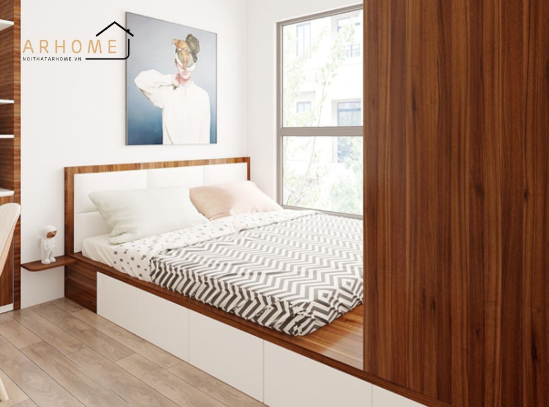 Mẫu giường gỗ công nghiệp mdf màu gỗ tự nhiên cho phòng ngủ ấm áp