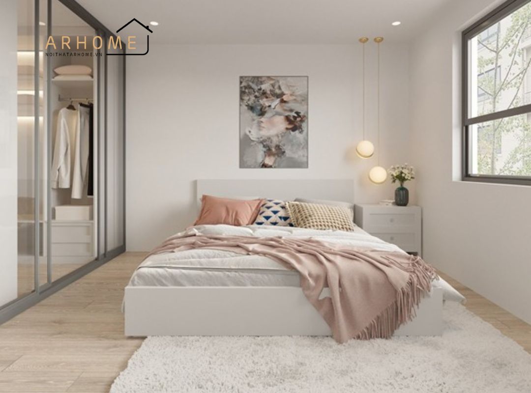 Mẫu giường gỗ công nghiệp mdf sơn bệt màu trắng cho phòng ngủ