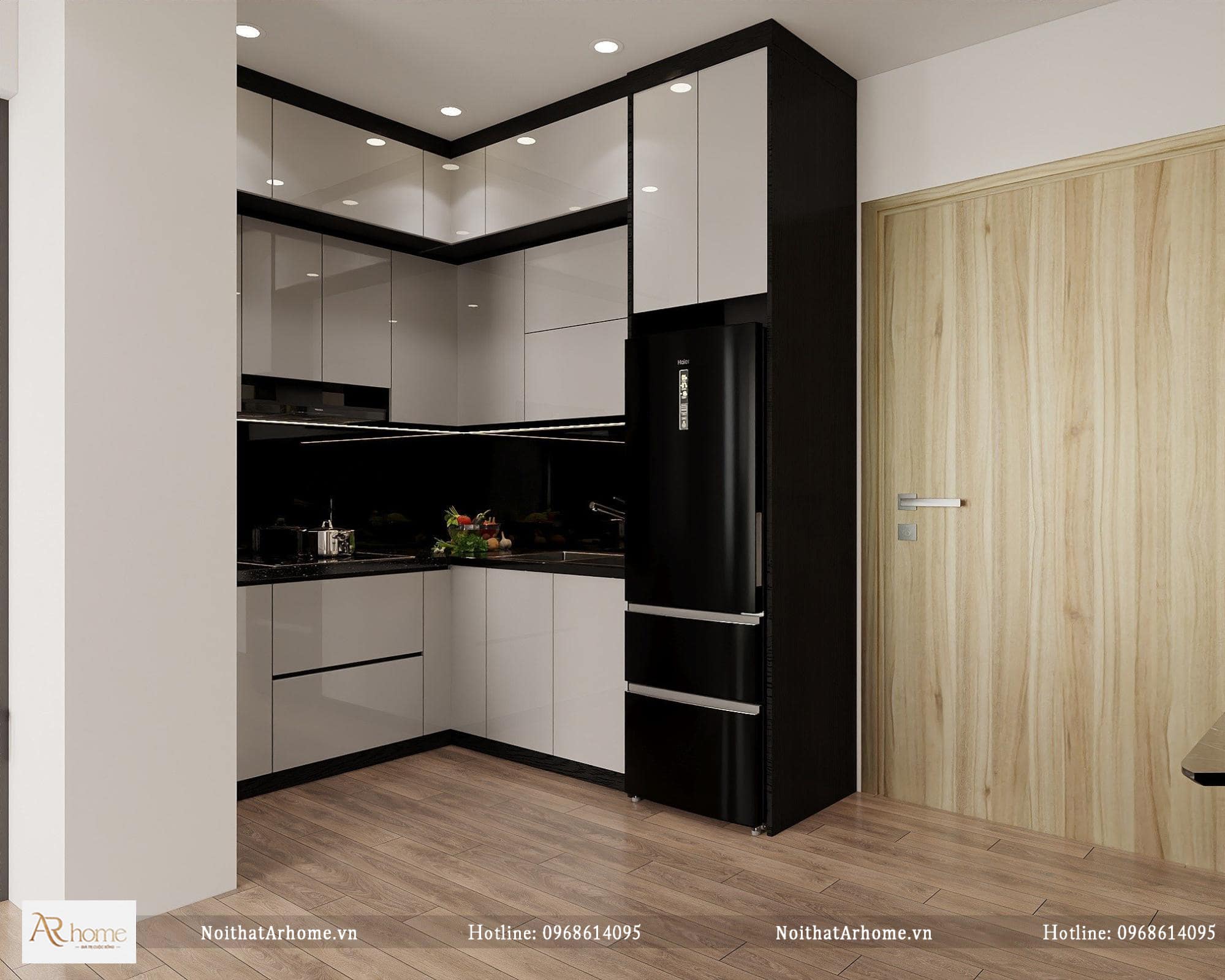 Thiết kế không gian bếp với tủ cánh acrylic màu đen