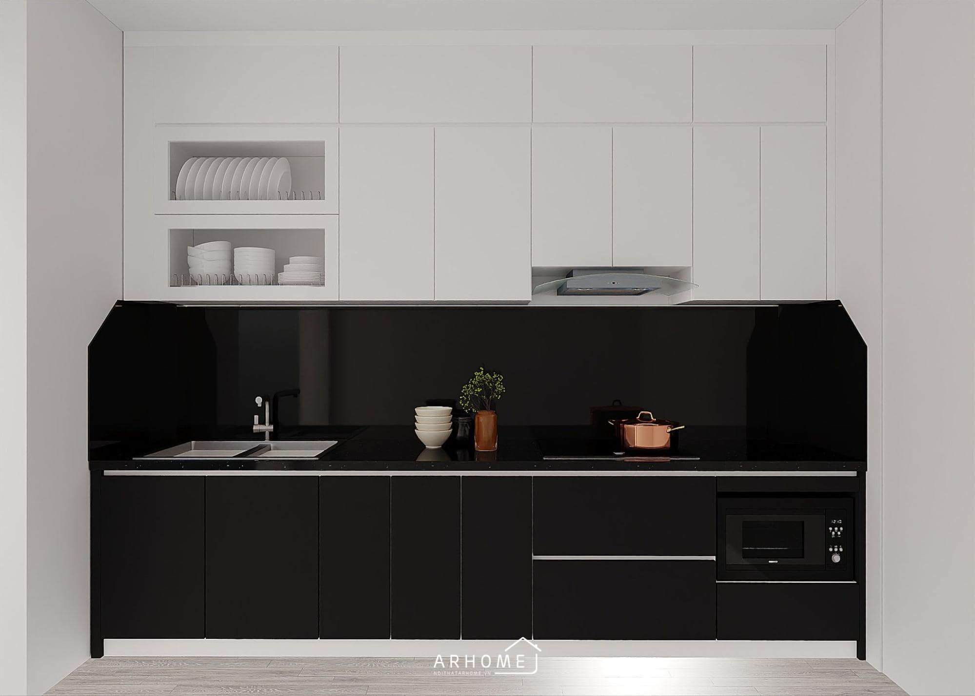 Tủ bếp tone màu đen trắng hình chữ I